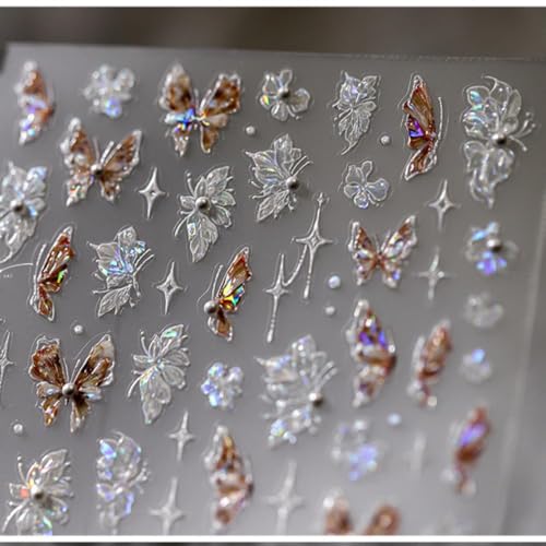 Image of Butterfly Nail Stickers Flower Nail Art Decals with Pearl Design Floral Nails Stickers 5D Embossed Self Adhesive White Brown Nails Charms for Women Girls Manicure DIY Supply Decoration