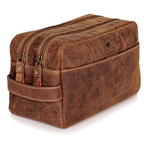 DONBOLSO Leather Toiletry Bag Stockholm I Genuine Leather Wash Bag for Men and Women I Cosmetic or Shaving Bag for Travel I Brown Vintage Cover