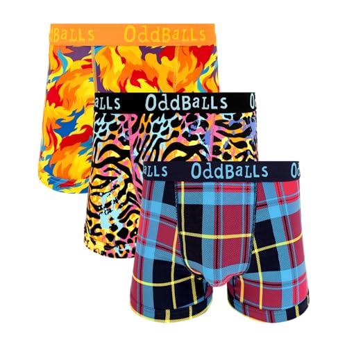OddBalls Mens Boxers Multipack 3 Classic Fit Cotton Boxer Shorts Underwear with Elastic Waistband Breathable Soft Mens Boxer Briefs (UK Alpha XXS Regular Regular The Fiery Trio)
