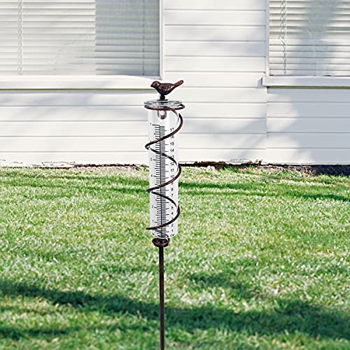 JOYBee 17,8 cm Kapazität Glas Spirale Regenmesser Gusseisen Vogel Hängende Regenmesser Garten Regen Wasserzähler Messung mit Metallrahmen, Dekoration für Outdoor Garten Rasen Hinterhof