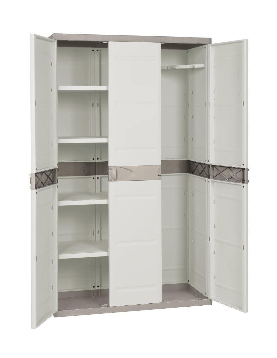 Jardin202 - Armario de Resina con Escobero | 3 Puertas y 4 Estantes | Almacenaje Exterior | Titanium Beige o Negro | 105x44x176 cm | (Beige)