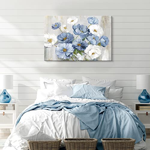 Goldfoilart Blue Flower Wall Art Light Blue and White Floral Canvas Print, 36"x24" Large Modern Flower Picture for Living Room Bedroom Bathroom Home Decor - Image 5