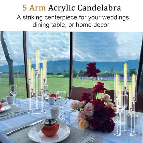 2 Sets 5 Arms Acrylic Candelabra Centerpieces for Tables, 27" Clear Candle Holder for Wedding Dinner Party and Home Decor,Candlesticks Holder with LED Candles by Cheloment - Used condition - Image 2