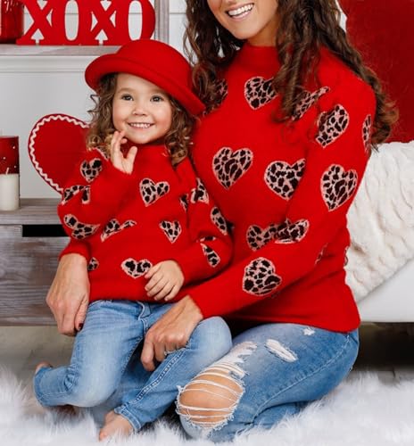 Image of Mommy and Me Matching Sweaters Outfits Heart Graphic Sweater Family Matching Clothes Long Sleeve Pullover Tops