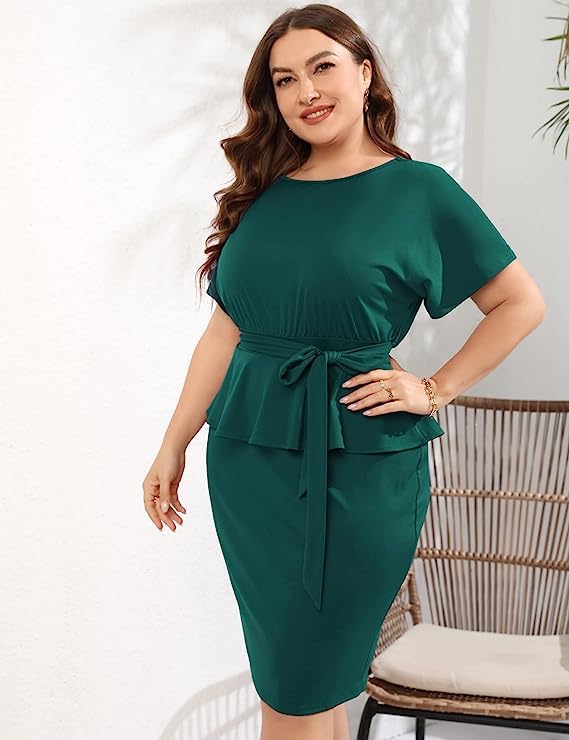 KOJOOIN Women Plus Size Bodycon Elegant Midi Dress Peplum Business Work Office Sheath Pencil Cocktail Party Dress with Belt White 2XL2