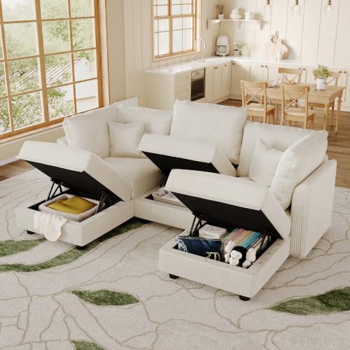 Image of LLappuil Modular Sectional Sofa with Storage, U-Shaped 5-Seat Corduroy Couch with 5 Throw Pillows, Pet-Friendly Convertible Sofa for Small Space, Skin-Friendly, Beige
