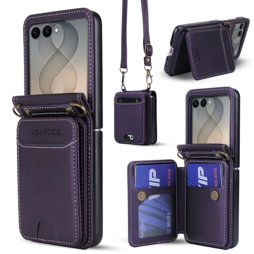 ASAPDOS for Samsung Galaxy Z Flip 8 PU Leather Wallet Phone Case with Card Slots (Holds 5 Cards), Anti-Drop Protection, Wrist & Shoulder Strap Purple