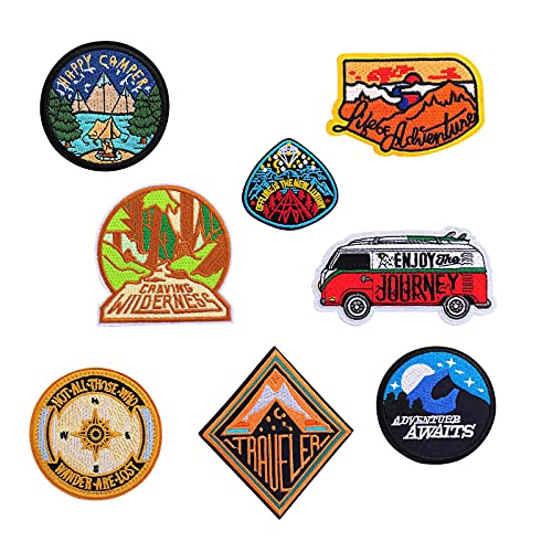 8Pcs Outdoor Happy Camper Iron On Patches, Assorted Adventure Sew on DIY Patches for Jeans Jackets and Clothes, Hiking Embroidered Badge Emblem