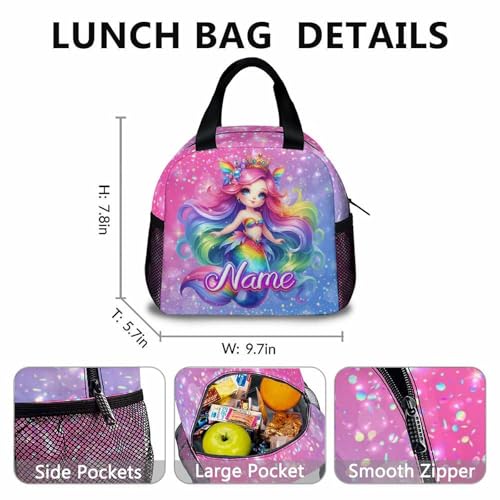 Custom School Backpacks for Girls, Personalized Set of 3 Mermaid Backpack for Toddlers Kids, Large Capacity Bookbag with Lunchbox and Pencil Case Supplies for Kindergarten Elementary Travel3
