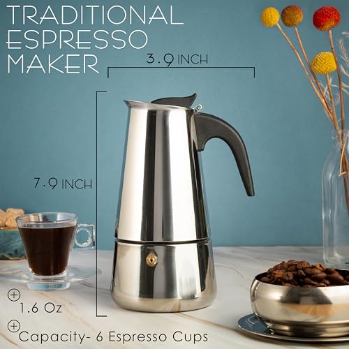 Image of Mixpresso 6 Cup Greca Moka Pot, Stainless Steel Stovetop Espresso Maker | 300ml /10oz Italian stovetop coffee maker with classic percolator design, ideal for preparing coffee at home or while camping