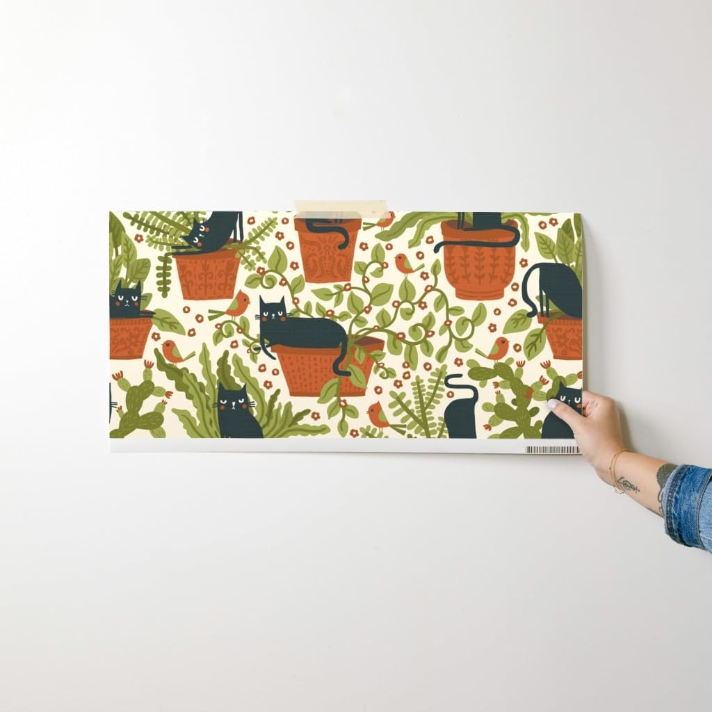 Spoonflower Removable Wallpaper Swatch - Black Cats Plants Birds Terracotta Green Leaves Botanical Custom Pre-Pasted Wallpaper