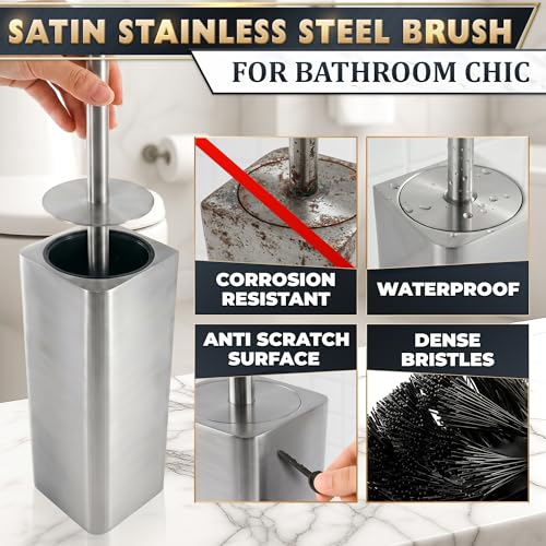 Image of Silver Toilet Brush and Holder Set - Upgrade Your Bathroom in Seconds - Stainless Steel Toilet Bowl Brush and Holder with 2 Rounded Corners, Replaceable Head, Removable Inner Bowl & Splash Guard Cover