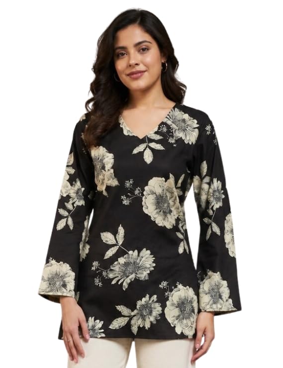 kirnya Rayon Floral Print Top for Women | V Neck Short Kurti | Bell Sleeves | Short Kurti for Women | Ethnic Top | Casual Western and Office Wear Kurta-picture-33