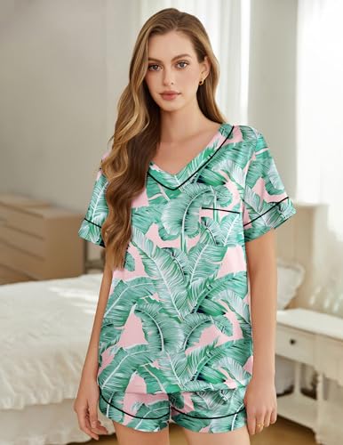 Image of Silk Pajamas for Women Short Sleeve Satin 2 Piece Pj Set Soft V Neck Sleepwear Loungewear, S-XXL