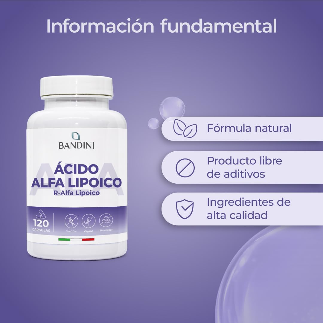 Bandini® Ácido Alfa Lipoico (ALA) 650 mg | 120 cápsulas de alta potencia para veganos | Máxima Absorción | Antioxidante Natural, ayuda a reducir la inflamación | Non GMO | Suministro para 4 meses