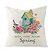 Lieson Fundas de cojín de Navidad, 1 funda de almohada de 18 x 18 de 45 x 45 cm, diseño de pájaros, flores, primavera, fundas de cojín para exteriores, color beige, verde, rosa, algodón y lino