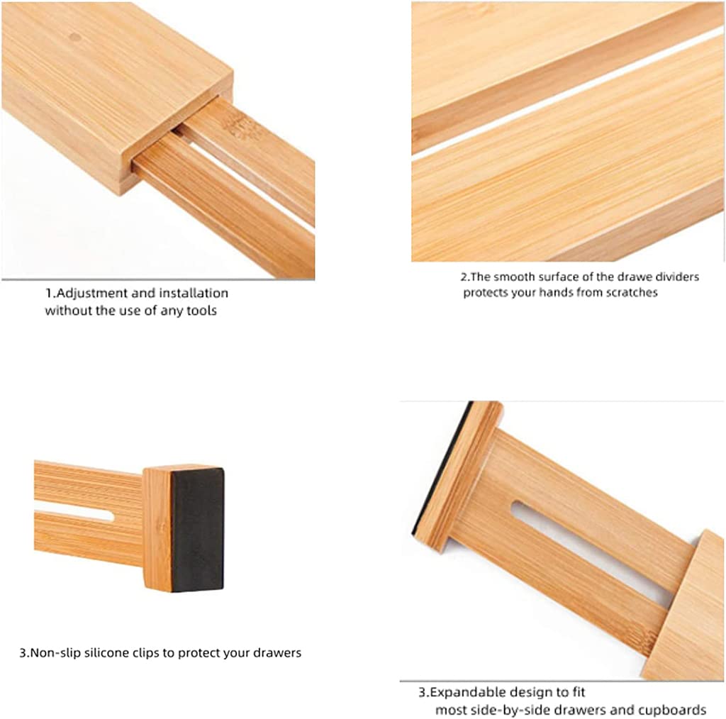 Générique Séparateurs de tiroir en Bambou Organiseur de tiroir de Cuisine réglable Séparateur rétractable à Ressort pour Cuisine, Commode, tiroirs de Chambre et Armoire, 4 pièces