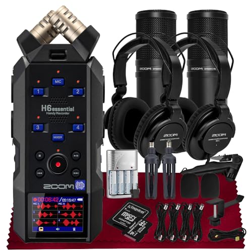 Zoom H6essential Portable Studio Recorder, H6E 32-Bit Float, 6-Track Recorder, 4XLR/TRS - 64GB SD, Tripod, Podcast Mic Pack, Rechargeable Batt, USB Cable & More-Musician Podcaster Filmmaker