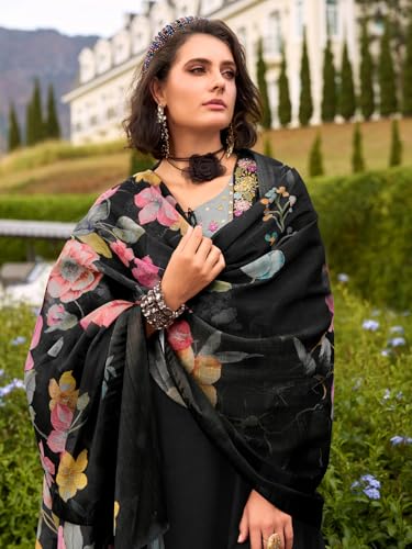 Image of INDO ERA Women's Anarkali Pure Cotton Floral Printed Embroidered Kurta & Pant with Dupatta Set (IEOUT10688)