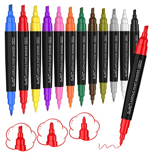 Acrylstifte für Steine Doppelspitze 12 Farbige Steine Bemalen Stifte Wasserfest Permanent Marker Stifte Acrylstifte für Leinwand Marker für Design Schule Manga Kunstler/DIY Fotoalben/Hochzeit/Papier Cover
