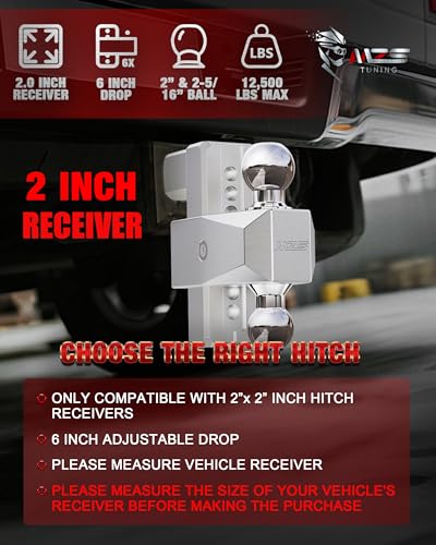 Image of MZS Adjustable Trailer Hitch - Fits 2 Inch Receiver Hitch - 6-Inch Adjustable Drop Hitch - Heavy Duty Aluminum Tow Hitch for Truck(12,500 LBS GTW) Chrome