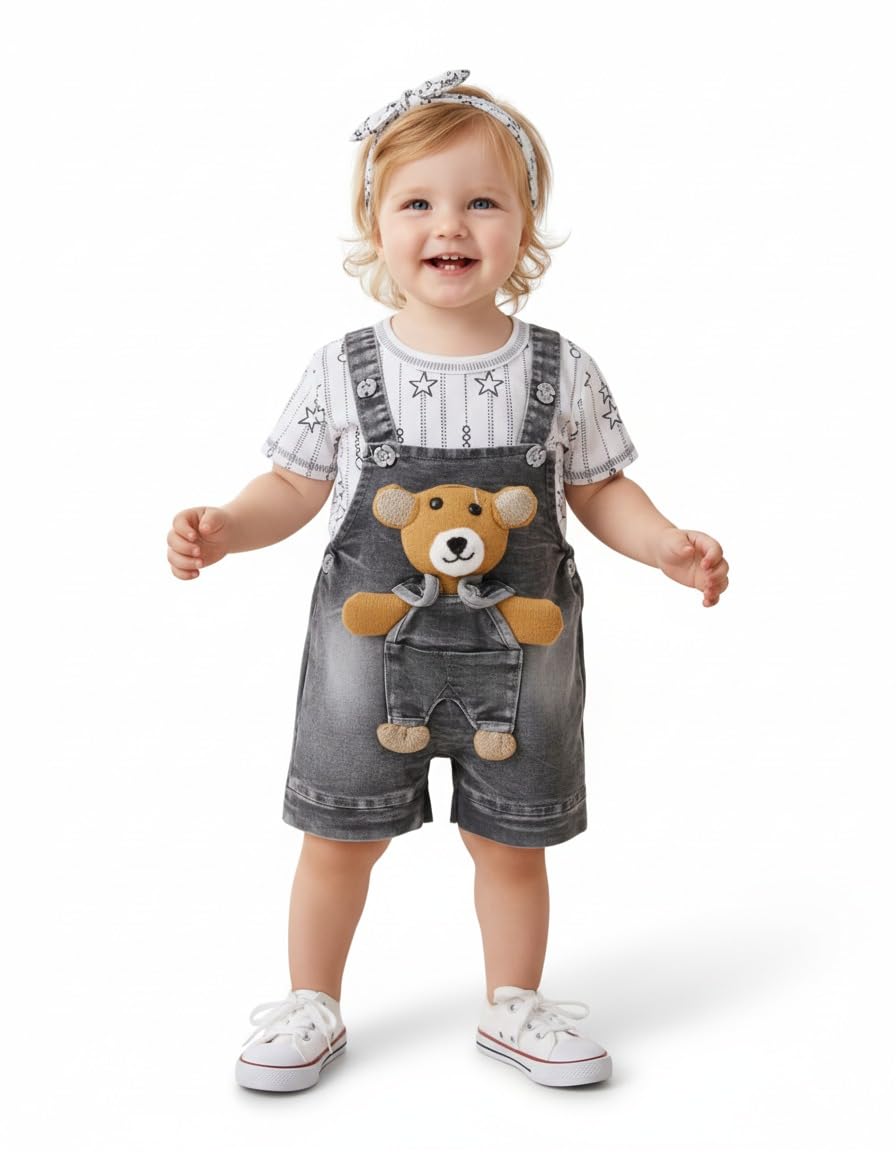 Baby Girls Cotton Denim Dungaree Set with 3D Teddy Bear Design |Printed T-Shirt with Adjustable Straps | Stylish & Comfortable Daily Outfit for Baby Unisex-image-26