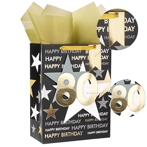 Image of Loveinside 80th Birthday Gift Bag for Men, Black and Gold Number 80 inch Design with Tissue Paper and Greeting Card for Birthday Party Celebration - 10 inch x 5 inch x 13 inch, 1 Pcs, Black Gold