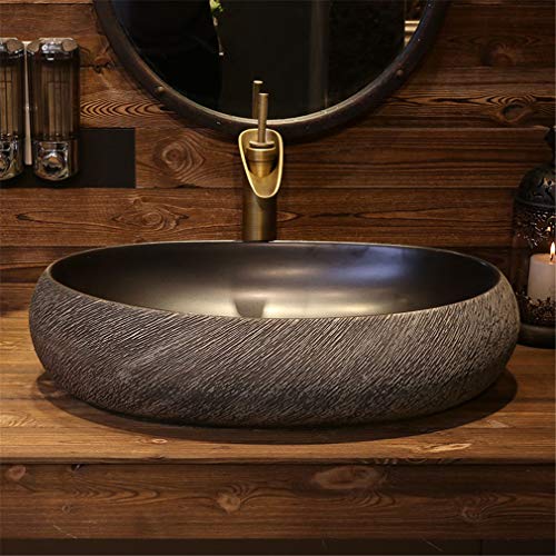 FLYFO Creative Countertop Washbasin Chinese Ceramic Art Sink Oval Retro Household Bathroom Wash Basin Pattern Splash-proof Large Space 60cm