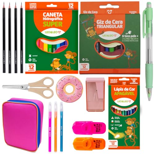Kit Material Escolar Completo com 49 Itens e Estojo Com Estojo Duplo - Leo e Leo (Rosa)