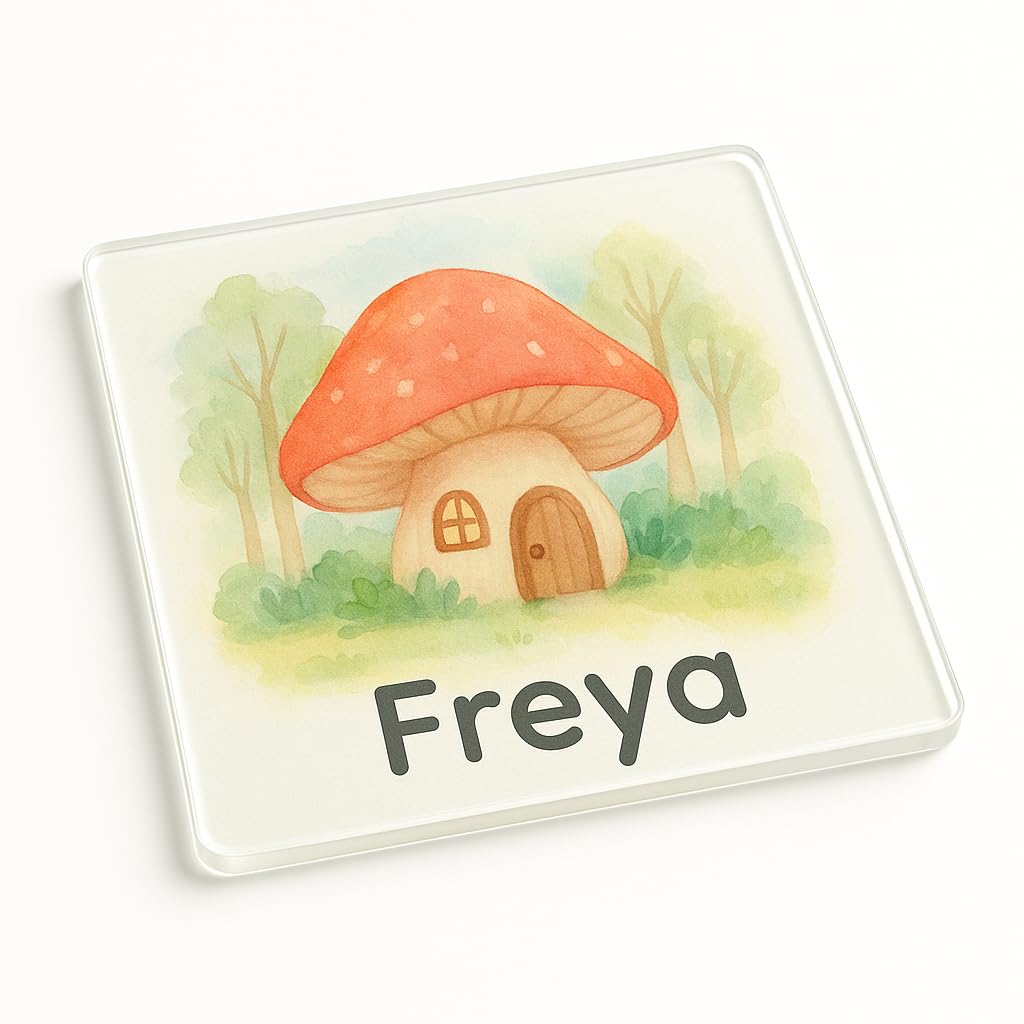 The Plum Penguin Whimsy Woods Personalised Name Acrylic Coaster Gift With Whimsical Mushroom House Design - Enchanting Kids Decor For Playroom Or Nursery Magic
