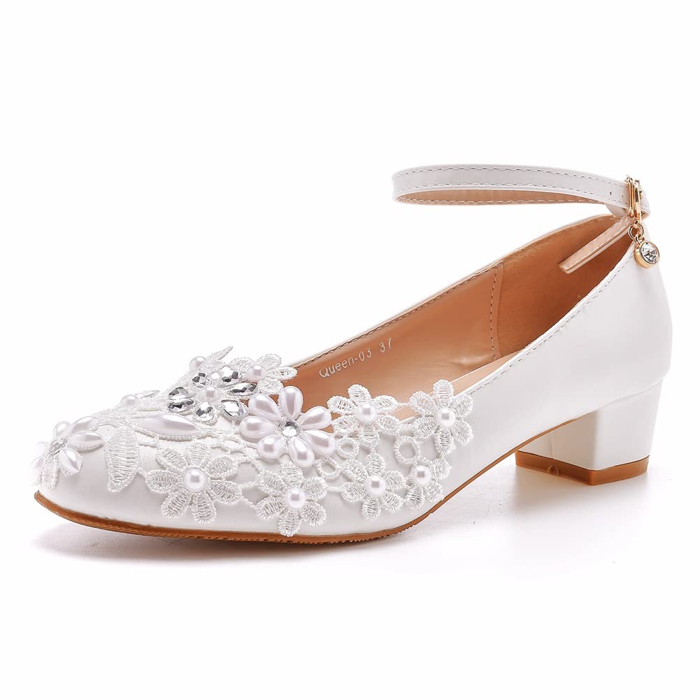 Cylele Mgg Damen Brautschuhe 3 cm High Heel Sandalen Brautjungfer Hochzeit Ein Wort Schnalle Spitzen Perlen Stöckchen High Heels