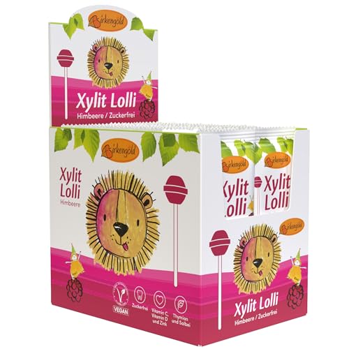 Birkengold Xylit Lolli zuckerfrei | 20 x 6g einzeln verpackt | vegan | zuckerfreier Dauerlutscher | Multivitamin Zahnpflege Lolli | Frucht Lolli Himbeere