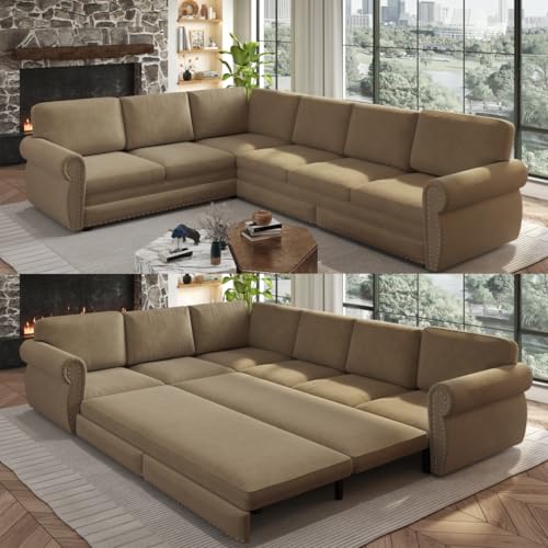 Image of KCGKCG 118 inch Sleeper Sofa Bed, Sectional Couches for Living Room /Apartment, Chenille L Shaped Couch with Pull Out Couch Bed, Convertible Sectional Sofa with Rolled Arm & Nailhead Trim, Camel
