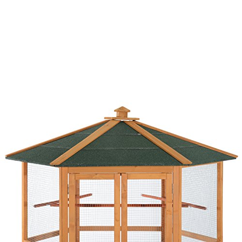 PawHut 69" Large Wooden Hexagonal Outdoor Aviary Flight Bird Cage with Covered Roof, Brown