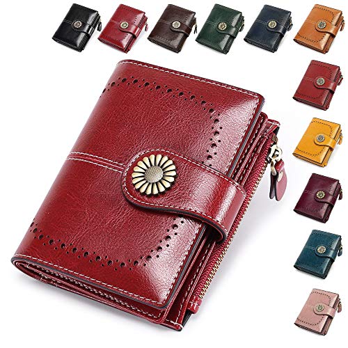 CALIYO Geldbeutel Damen elegant Geldbörse Damen aus echtem Used-Look Leder Portemonnaie Damen mit RFID Schutz in schönen Farben und viele Fächer mit Druckknopf und Reißverschluss (Bordeaux) Cover