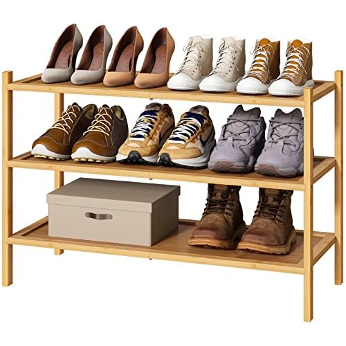 3-Tier Shoe Rack for Entryway, Bamboo Wood Shoe Rack, Free Standing Shoe Racks for Indoor & Outdoor, Stackable Shoe Organizer for Closet