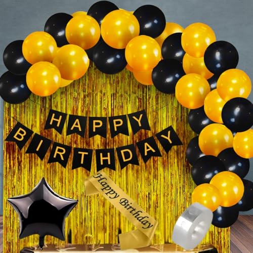 Image of KITTER Birthday Decoration Set With Happy Birthday Sash, Black Foil Star Balloon, Foil Curtains, Happy Birthday Banner and Balloons | Happy Birthday Decoration Items | Decoration Kit For Birthday