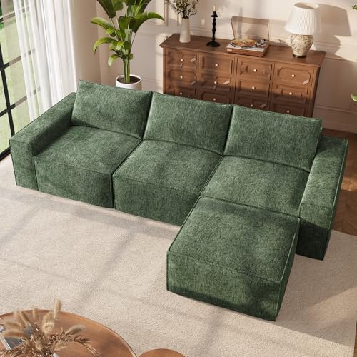 Image of Vesgantti 114 inch Modular Boneless Couch, Modern 3 Seater Sectional Sofa with Ottoman & Deep Seat, Convertible Chenille L Shaped Cloud Couches for Living Room, No Assembly Required, Green