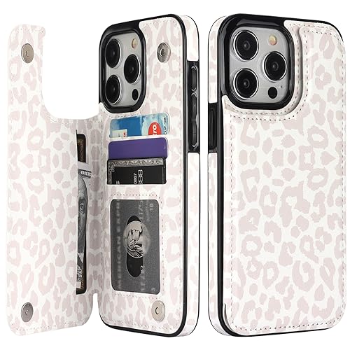 HAOPINSH for iPhone 15 Pro Max Case Wallet with Card Holder White Leopard Cheetah Pattern Back Flip Folio PU Leather Kickstand Card Slots Case for Women Girls Double Magnetic Clasp Cover 6.7