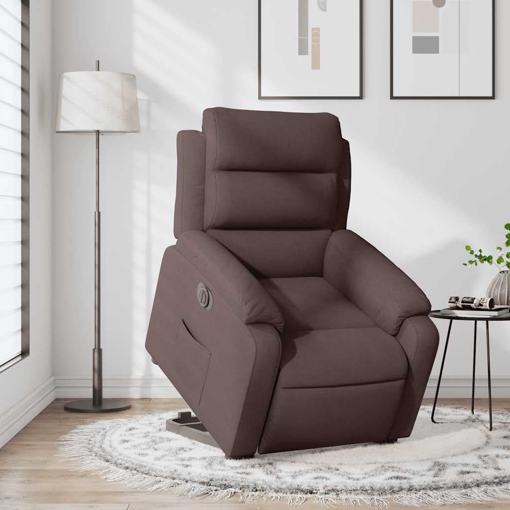 Fotel relaksacyjny z funkcją wspomagania wstawania, elektryczny ciemnobrązowy materiał, fotel tapicerowany z funkcją leżenia, 75 x 92,5 x 100 cm, fotel telewizyjny do salonu, fotel do
