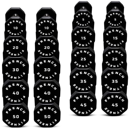 French Fitness Urethane 8-Sided Hex Dumbbells - Premium Durable Odorless Weights Shock-Resistant for Strength Training 5-50 lbs