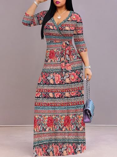 Image of Women's V Neck Floral Maxi Dress 3 /4 Sleeve Plus Size Boho Wrap Flowy Long Dresses with Belt