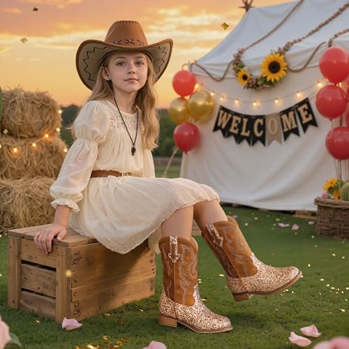 Image of Motasha Girls Cowgirl Boots Unisex-Child Mid Calf Glitter Toddler Cowboy Boot Little Big Kids Western Riding Shoes