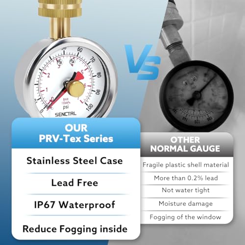 Image of SENCTRL 0-100 Psi Lead-Free Water Pressure Gauge Test with Lazy Hand | 2.5 inch Dial Size, 3 /4 inch Female Garden Hose Thread, Stainless Steel Case, IP67 Waterproof, for Home Potable Water, House Tube