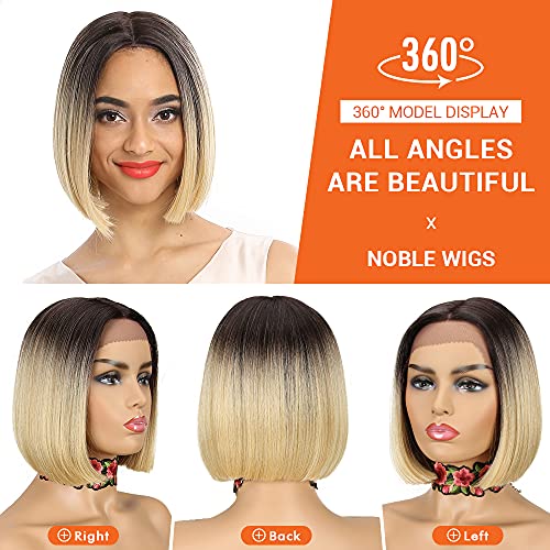 NOBLE Blonde Ombre Bob Wigs for Women Short Straight T Part HD Lace Front Wigs 150% Density Blunt Cut Bob Wig Heat Resistant Synthetic Ombre Blonde Bob Wigs for Daily Party Use 10 inches - Image 4
