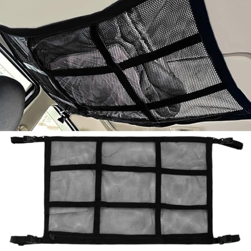 PYEUIFT Red Almacenamiento Universal para Techo de Coche,Organizador de Red de Almacenamiento de Poliéster 90 * 65cm Mantas y Cremalleras, Grandes Accesorios para Viajes Largos por Carretera.