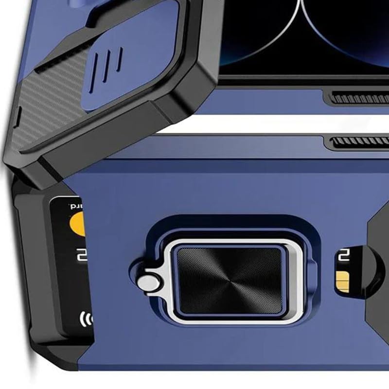 Image of LuxuryKase Shockproof Armor Case for iPhone 14 Pro | Slide Camera Cover | Hidden Card Slot | Rotating Ring Kickstand | Magnetic Car Mount Support | Military Grade Protection - Blue
