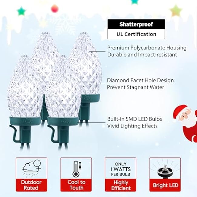 C9 Christmas String Lights White, 66ft 100 LED Faceted Christmas Lights on Green Wire, Plug-in Large Bulb Strawberry String Lights for House Roof Roofline Christmas Tree Party Outdoor