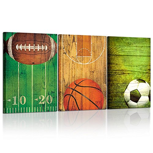 Kreative Arts - Vintage Sports Themed Canvas Wall Art Set of 3 Baseball Basketball Soccer Football Poster Photo Prints for Boys Bedroom Décor Ready to Hang 16x24inchx3pcs