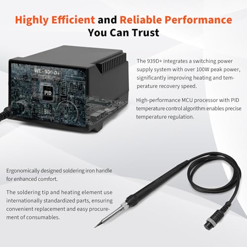 Image of 939D+ Digital Soldering Station, 100W Equivalent Soldering Iron Kit with PID Temperature Control (392F-896F), F /C Display, Fast Heating, ESD Safe, Lead Free Accessories (Black)